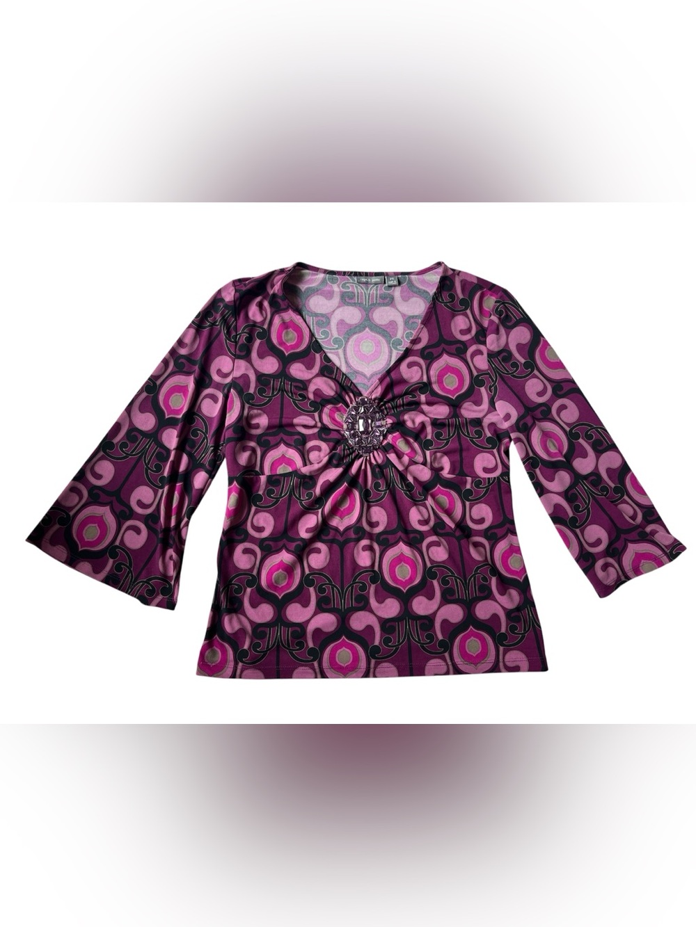 VINTAGE 90S APT. 9 PURPLE V NECK 3/4 SLEEVE BLOUSE PETITE SMALL WOMENS BROOCH